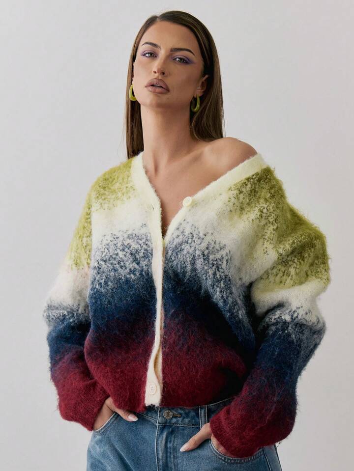 CM-CS960755 Women Casual Seoul Style Button Up V-Neck Gradient Knit Oversized Cardigan