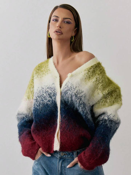 CM-CS960755 Women Casual Seoul Style Button Up V-Neck Gradient Knit Oversized Cardigan