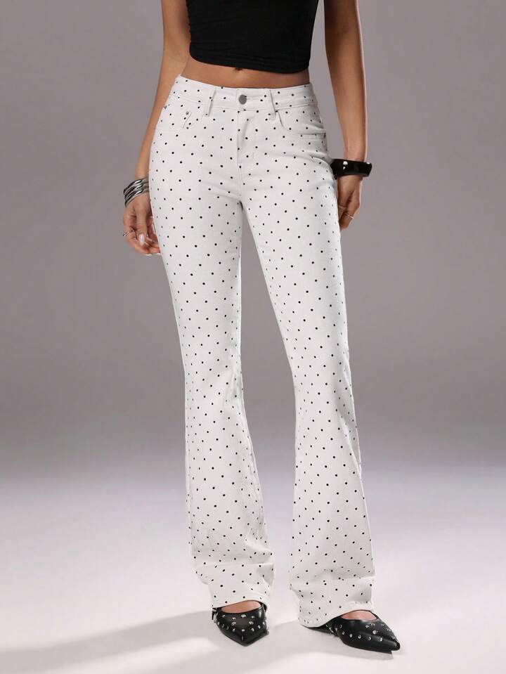 CM-BS188025 Women Casual Seoul Style Polka Dot Low Waist Flare Leg Jeans - White