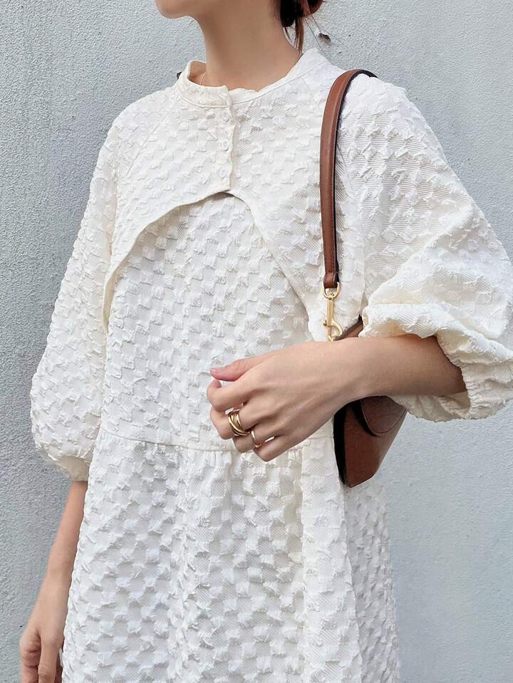 CM-DS502502 Women Casual Seoul Style Textured Stand Collar Puff Sleeve Loose A-Line Dress - Apricot
