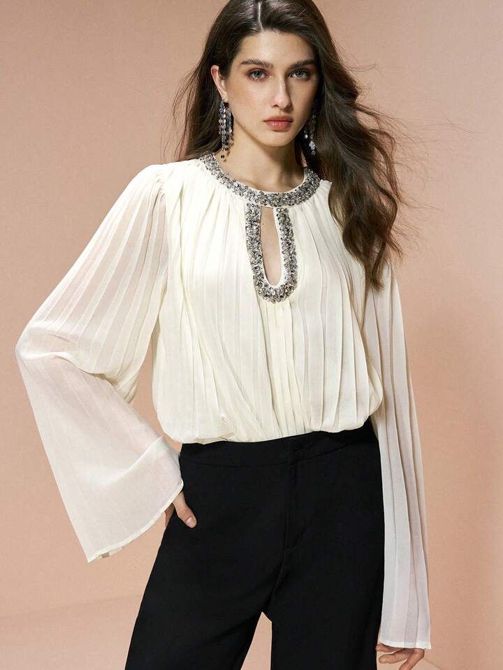 CM-TS001543 Women Elegant Seoul Style Round Neck Long Sleeve Pleated Cutout Rhinestone Embellished Chiffon Top