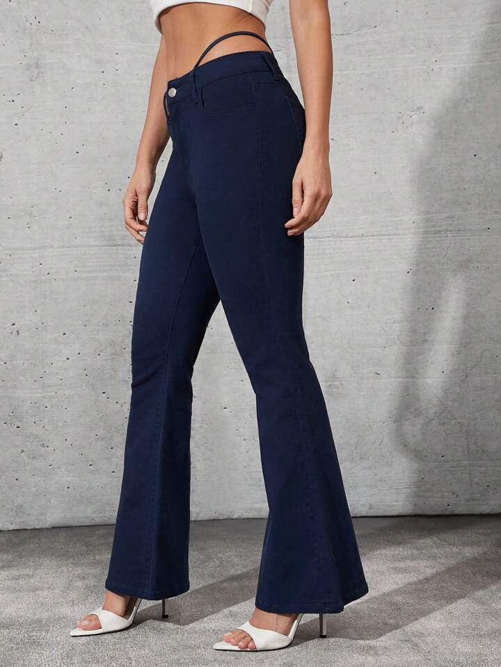 CM-BS727777 Women Casual Seoul Style Pinstripe Low Rise Boot Cut Flare Leg Jeans - Royal Blue