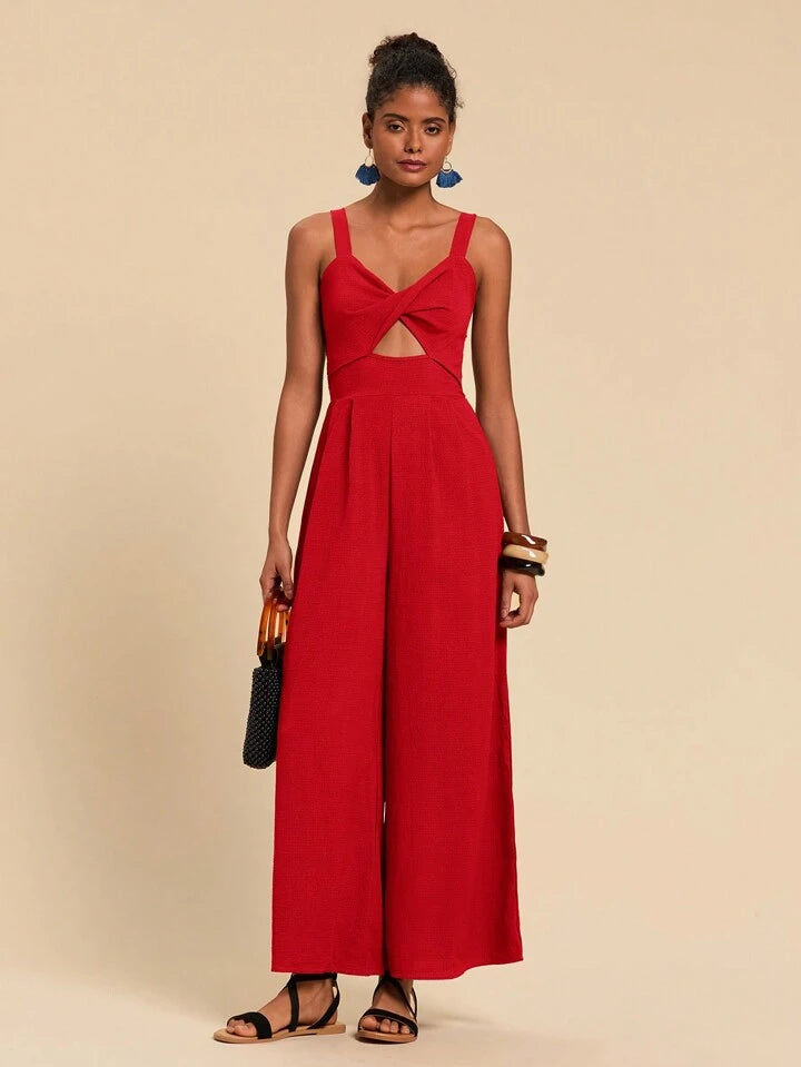 CM-JS765011 Women Trendy Bohemian Style Twist Front Cutout Cami Jumpsuit - Red