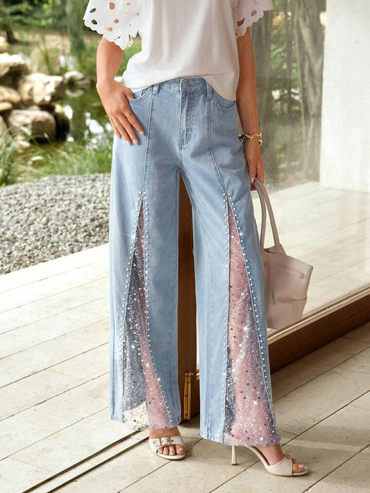 CM-BS260756 Women Casual Seoul Style Mid Waist Pearl Embellished Sequin Sheer Denim Jeans - Blue