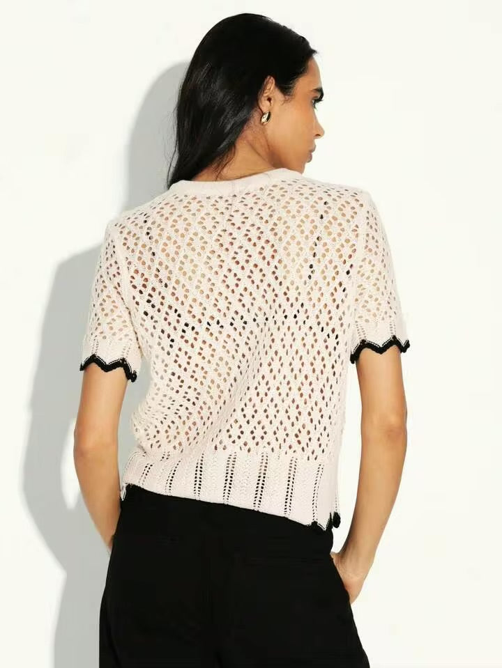 CM-TS431191 Women Trendy Bohemian Style Contrast Trim Short Sleeve Open Front Knit Cardigan Top