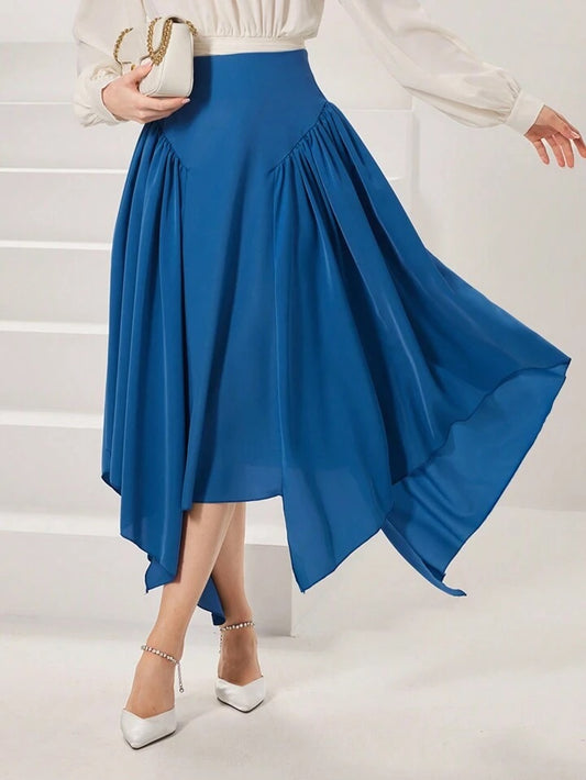 CM-BS168235 Women Elegant Seoul Style Solid Color Asymmetric Hem Skirt - Blue