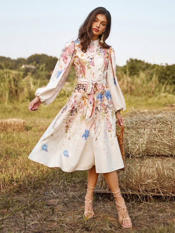 CM-DS866520 Women Trendy Bohemian Style Floral Print Long Sleeve Belted Dress