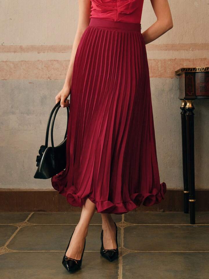 CM-BS696099 Women Elegant Seoul Style Pleated Woven Ruffle Hem Long Skirt - Burgundy