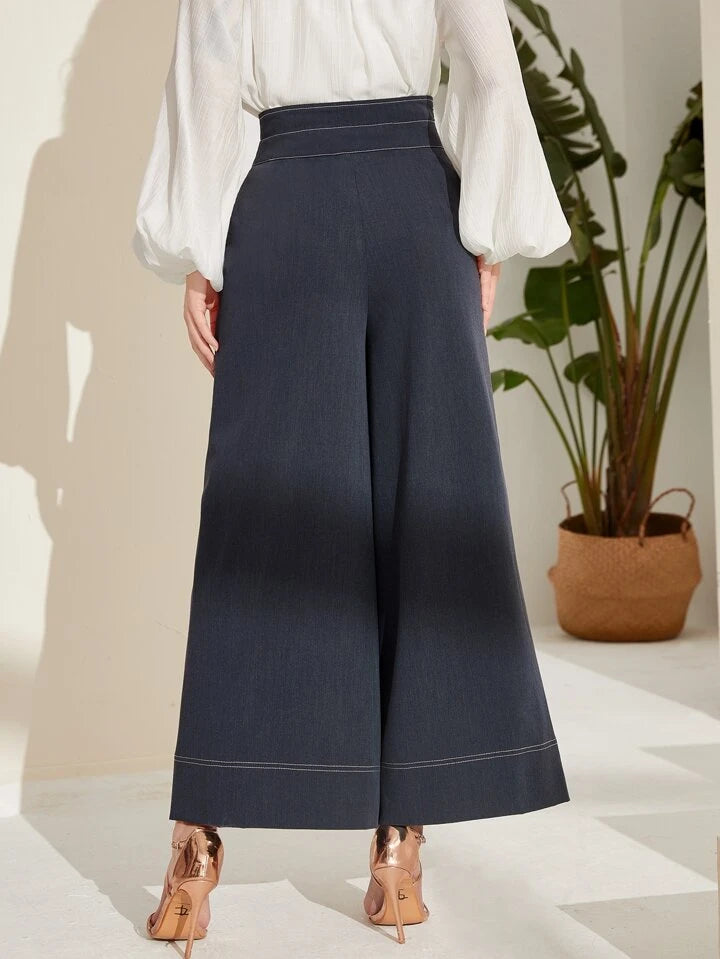 CM-BS430352 Women Elegant Seoul Style High Waist Top-Stitching Wide Leg Pants - Dark Gray