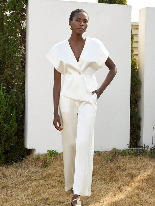 CM-SS003432 Women Elegant Seoul Style Silky Satin One-Button Short Sleeve Blouse With Straight Leg Pants - Set