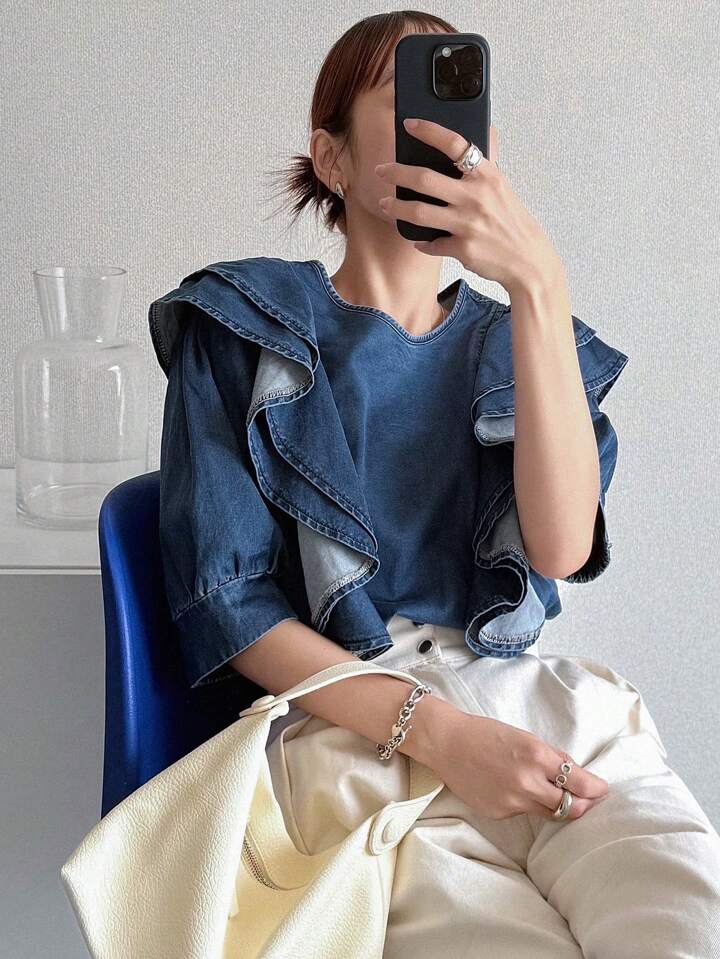 CM-TS697697 Women Casual Seoul Style Dark Wash Tie Neck Puff Sleeve Ruffle Trim Denim Blouse