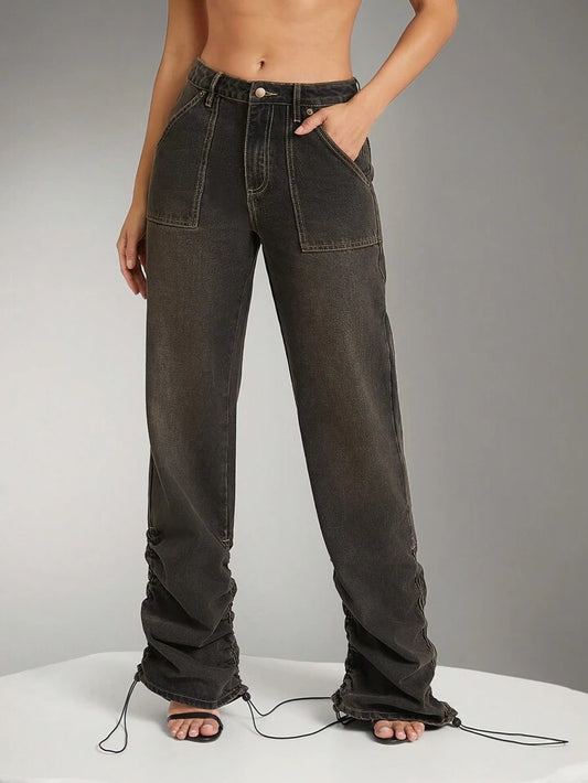CM-BS159999 Women Casual Seoul Style Ruched Hem Tinted Utility Wide Leg Denim Jeans