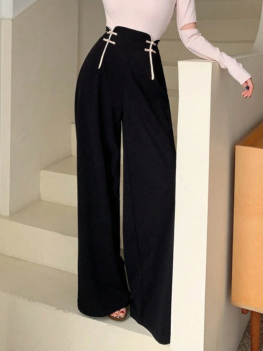 CM-BS345659 Women Casual Seoul Style Ultra High Waist Loose Straight Leg Pants - Black
