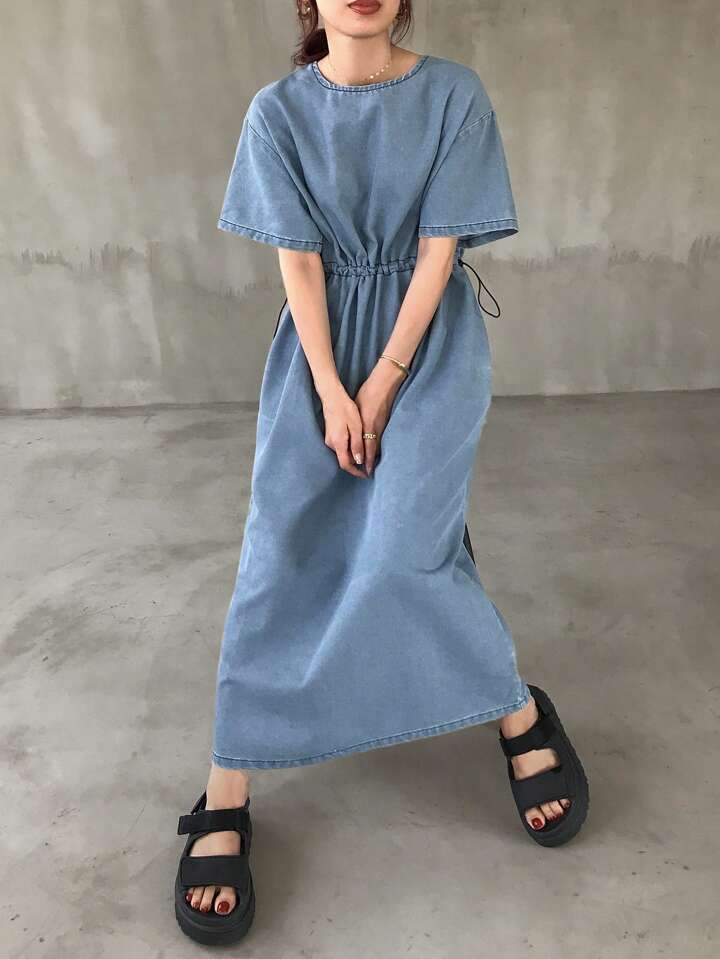 CM-DS589815 Women Casual Seoul Style Round Neck Short Sleeve Drawstring Waist Midi Denim Dress - Blue