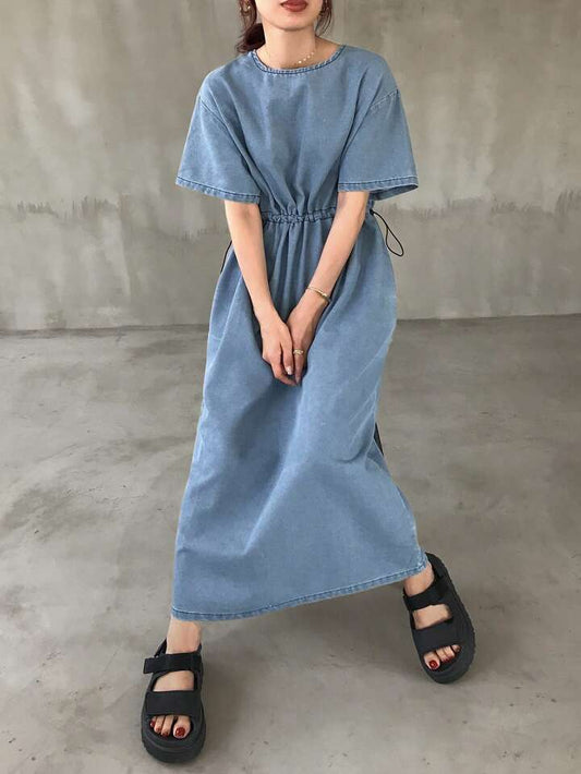 CM-DS589815 Women Casual Seoul Style Round Neck Short Sleeve Drawstring Waist Midi Denim Dress - Blue
