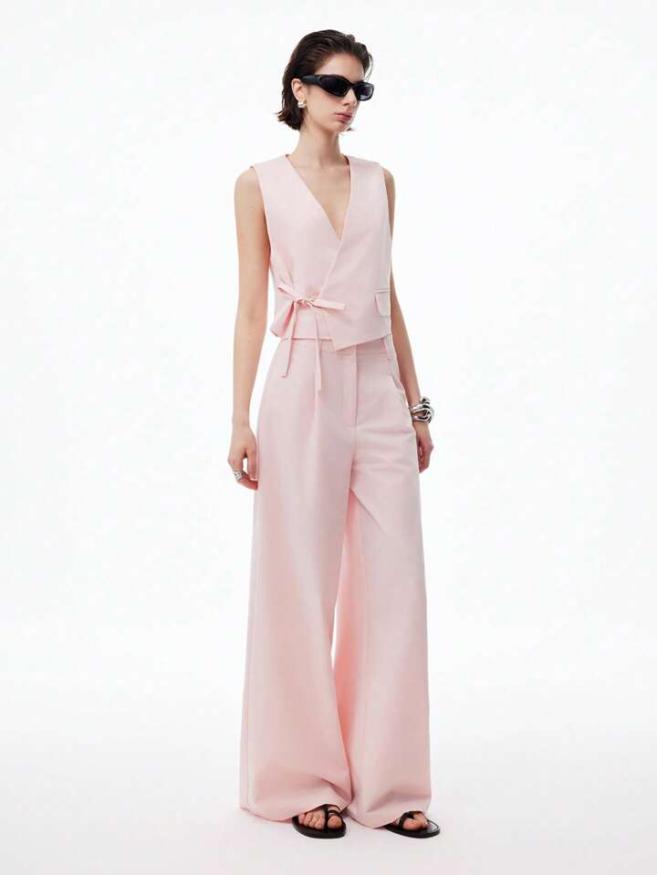 CM-SS262320 Women Casual Seoul Style V-Neck Sleeveless Tie-Waist Asymmetric Placket Vest With Wide-Leg Pants - Set