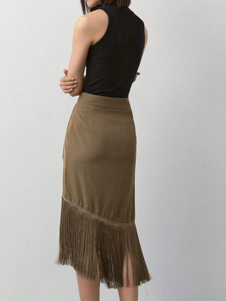 CM-BS733235 Women Trendy Bohemian Style Patchwork Tassel Knitted Skirt - Mocha Brown