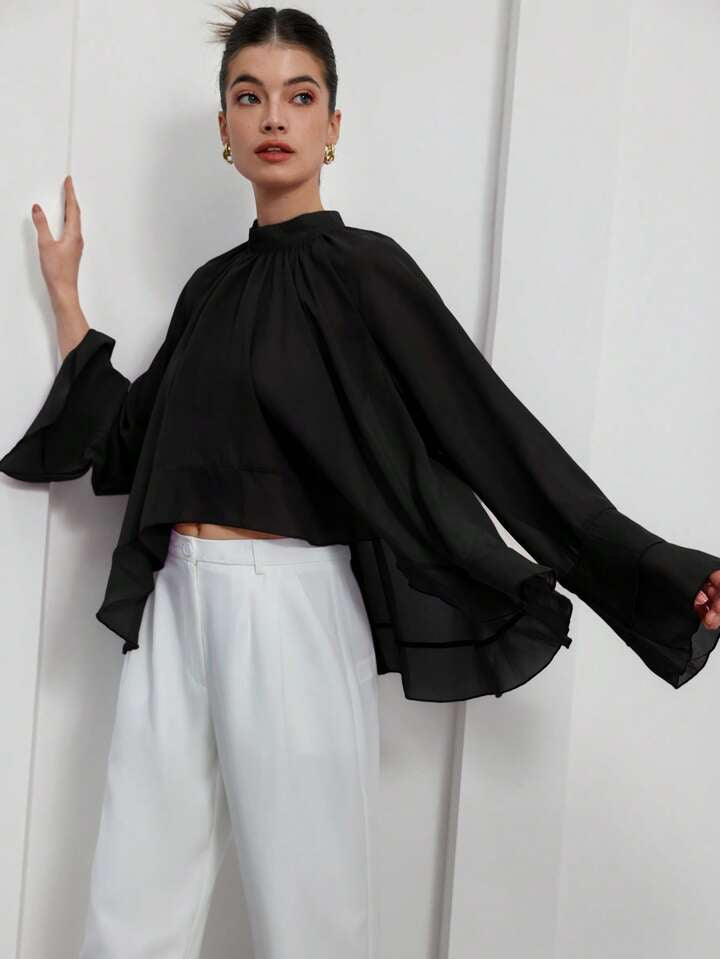 CM-TS617386 Women Casual Seoul Style Stand Collar Long Sleeve Chiffon Cascading Ruffled Blouse - Black
