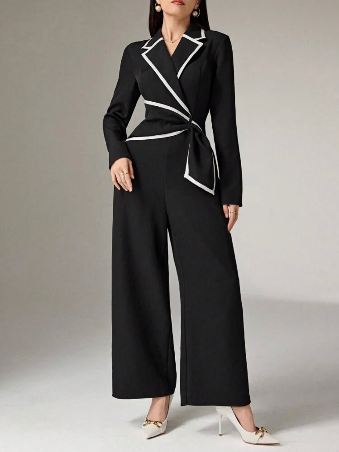 CM-JS132223 Women Elegant Seoul Style Collared Long Sleeve Cuffed Wide Leg Jumpsuit - Black