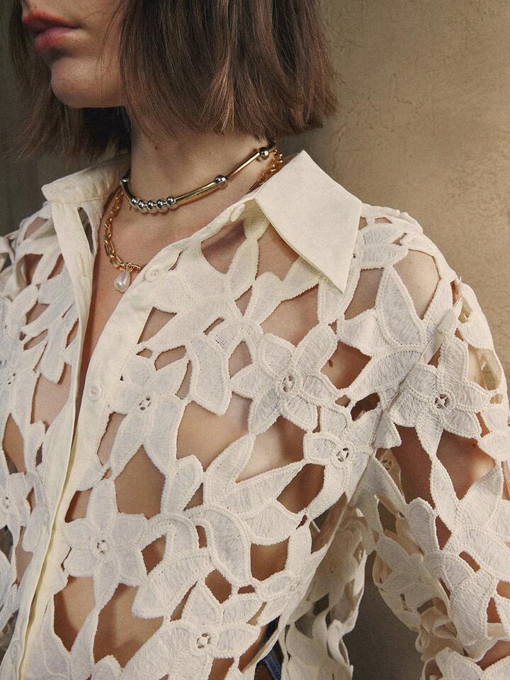 CM-TS750320 Women Elegant Seoul Style Floral Hollow Slightly Dropped Shoulder H-Shaped Patchwork Long-Sleeve Blouse