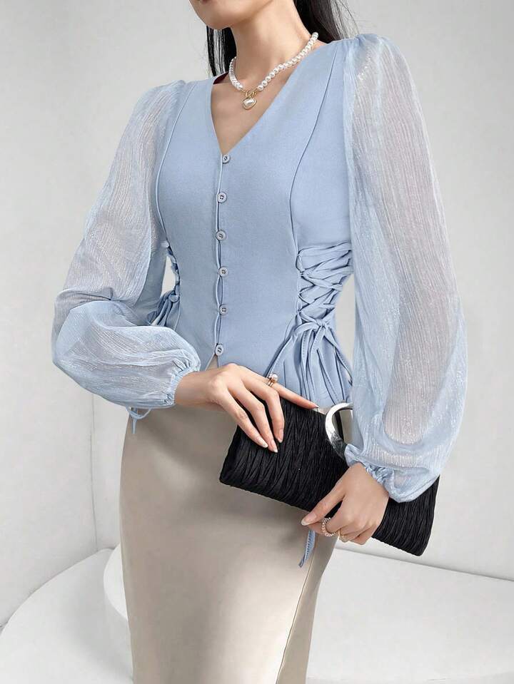CM-TS863683 Women Elegant Seoul Style Sheer V-Neck Puff Lantern Sleeves Lace-Up Detail Blouse - Blue