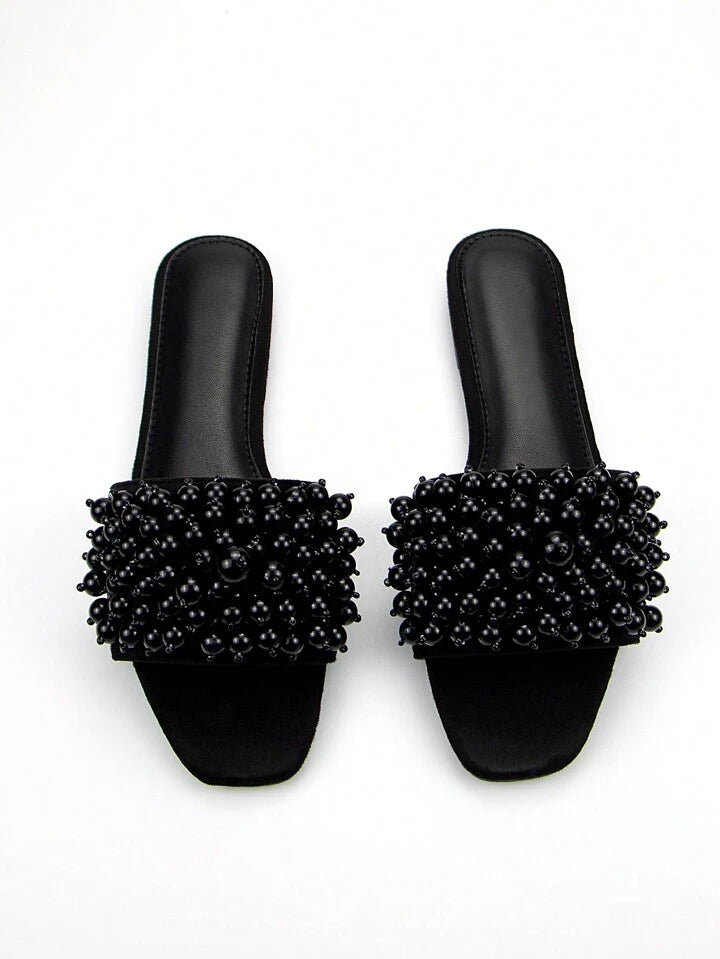 CM-SHS696769 Women Trendy Seoul Style Faux Pearl Decor Square Toe Flat Mule Sandals - Black