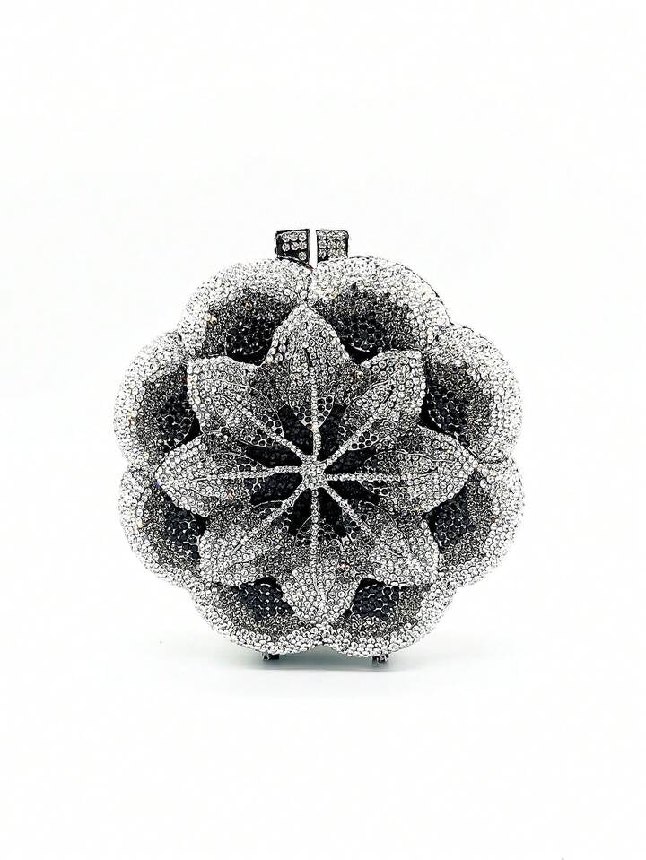 CM-BGS087877 Women Elegant Seoul Style Floral Design Rhinestone Crystal Handmade Clutch Bag - Black