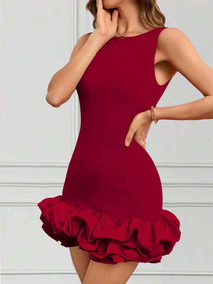 CM-DS314869 Women Elegant Seoul Style Round Neck Sleeveless Ruffle Hem Short A-Line Dress - Burgundy