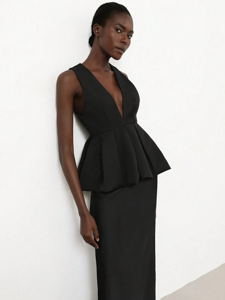 CM-TS127578 Women Elegant Seoul Style Deep V-NeckSleeveless Ruffle Hem Design Blouse - Black