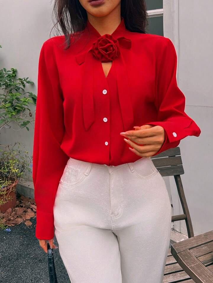 CM-TS303733 Women Casual Seoul Style Floral Detachable Brooch Contrast Buttons Tie Front Blouse - Red
