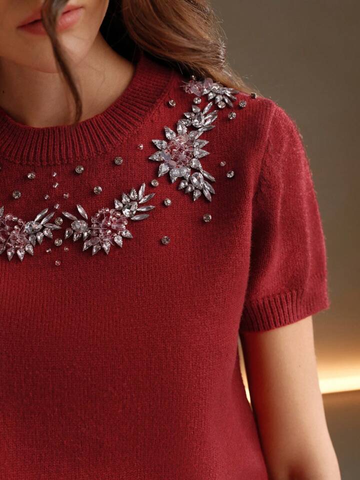 CM-TS049571 Women Casual Seoul Style Round Neck Short Sleeve Embroidered Rhinestone Embellished Knit Top - Red