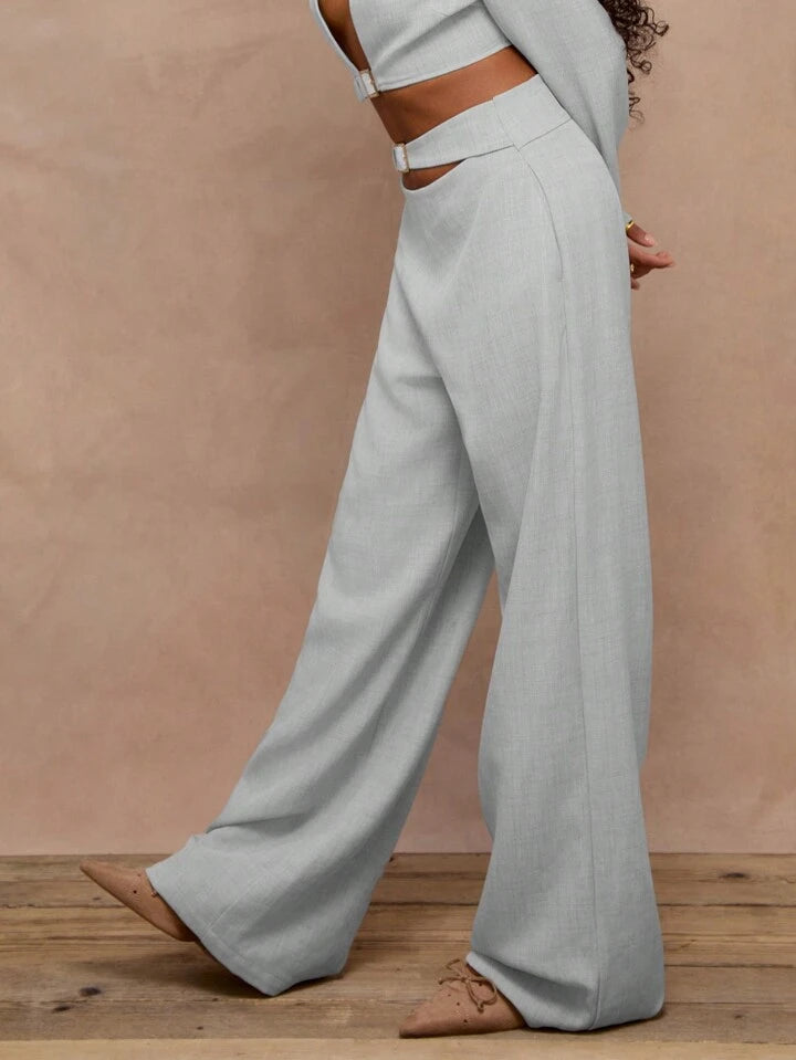 CM-BS560566 Women Elegant Seoul Style Linen Woven Buckle Suit Trouser - Light Gray