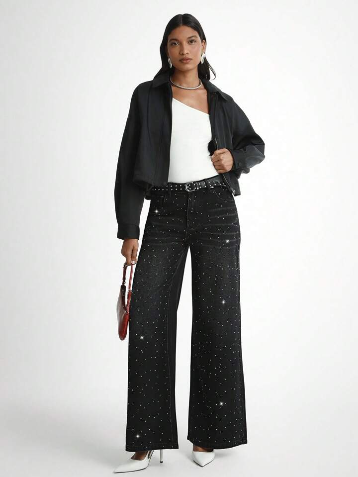 CM-BS359973 Women Casual Seoul Style Mid Waist Rhinestone Embellished Wide Leg Denim Jeans - Black