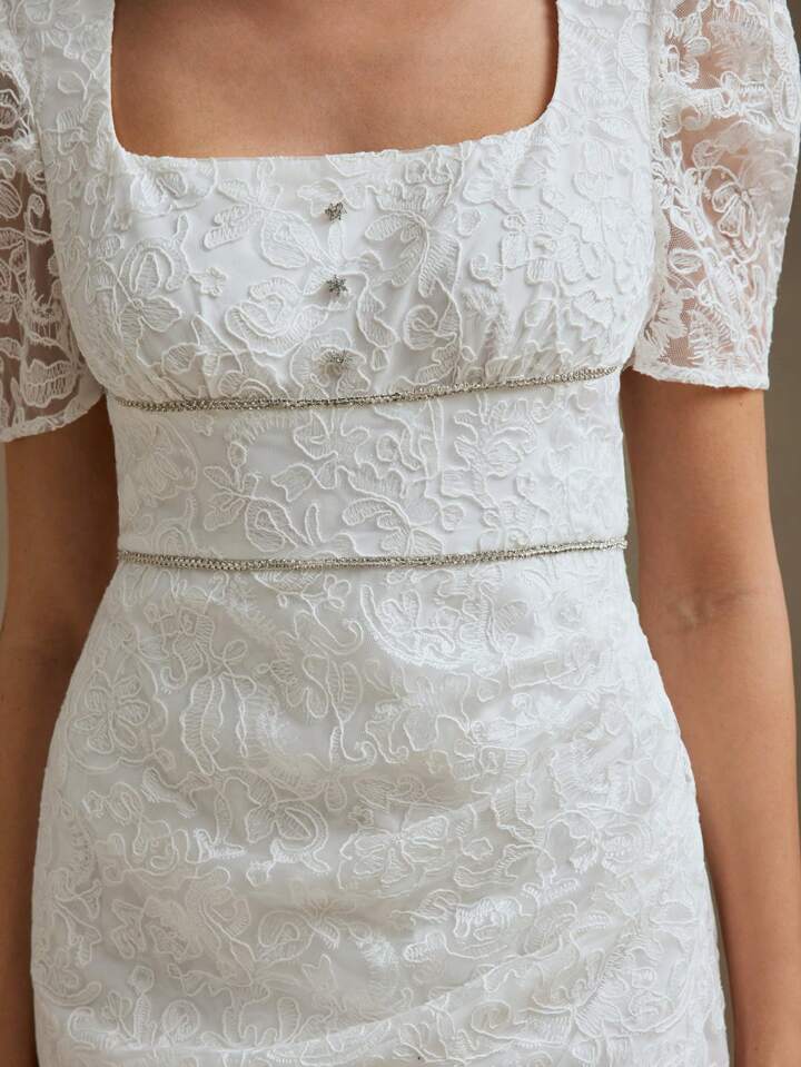 CM-DS149969 Women Elegant Seoul Style Square Neckline Puff Sleeve Lace Slit Midi Dress - White