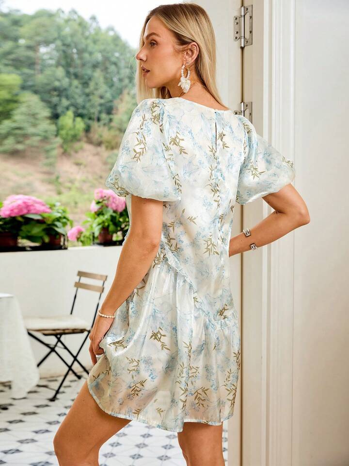CM-DS437523 Women Trendy Bohemian Style Plant Print Round Neck Short Puff Sleeve Dress