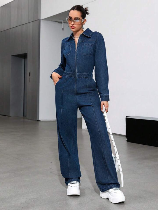 CM-JS153157 Women Casual Seoul Style Collar Neckline Front Zipper Denim Jumpsuit - Blue