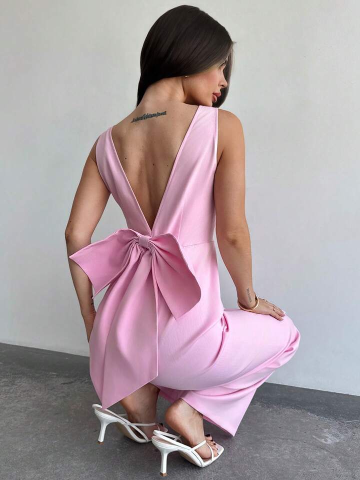 CM-JS255200 Women Elegant Seoul Style Deep V-Neck Sleeveless Backless Bow Loose Straight Jumpsuit