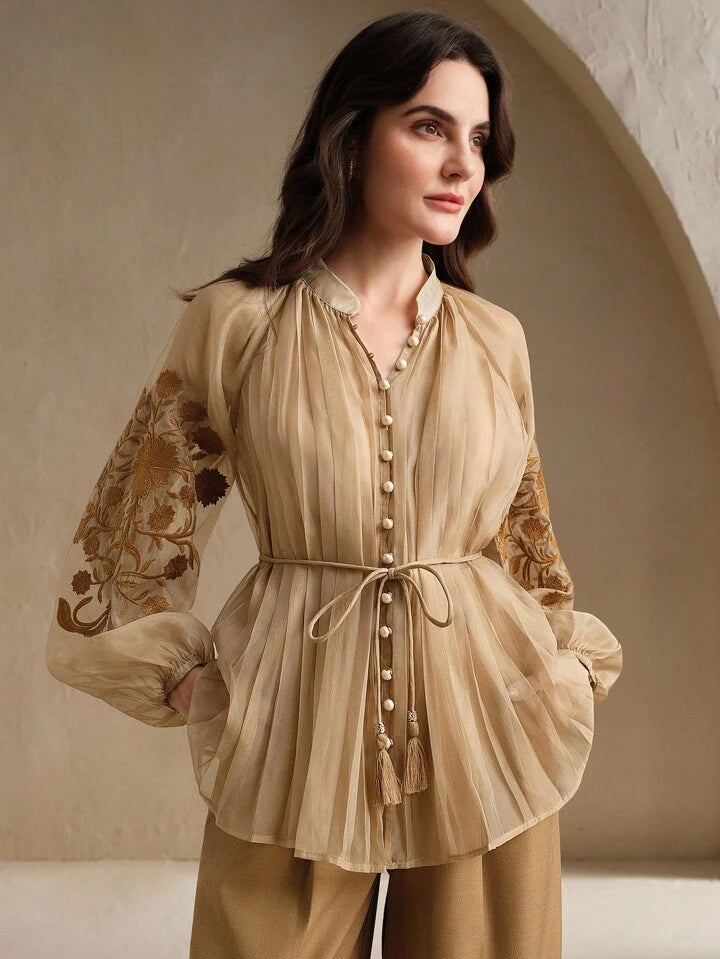 CM-TS116612 Women Elegant Seoul Style Stand Collar Long Sleeve Pleated Embroidered Tie Waist Blouse - Khaki