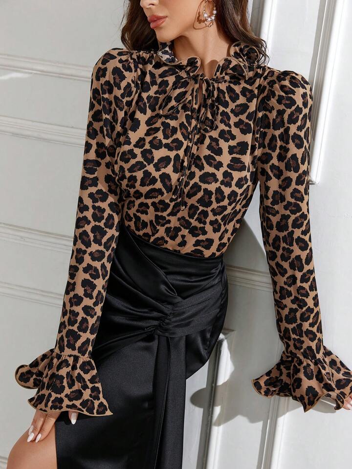 CM-TS298653 Women Casual Seoul Style Stand Collar Print Long Sleeve Frill Detail Blouse