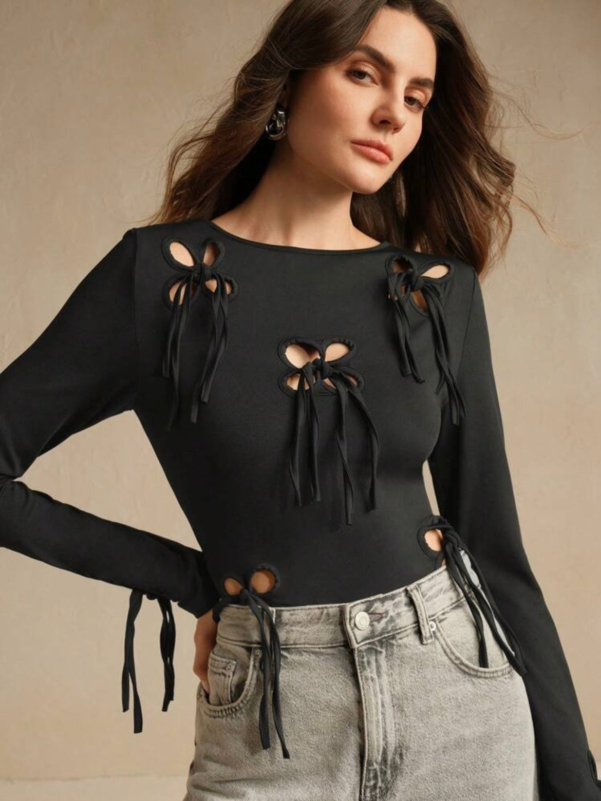CM-TS190703 Women Casual Seoul Style Elastic Hollow Out Twist Long Sleeve T-Shirt - Black