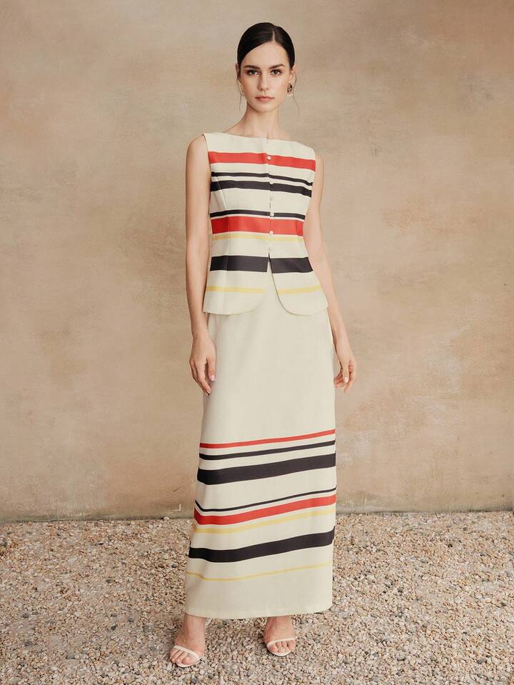 CM-SS748642 Women Elegant Seoul Style Round Neck Sleeveless Vest Top With High-Waisted A-Line Long Skirt - Set