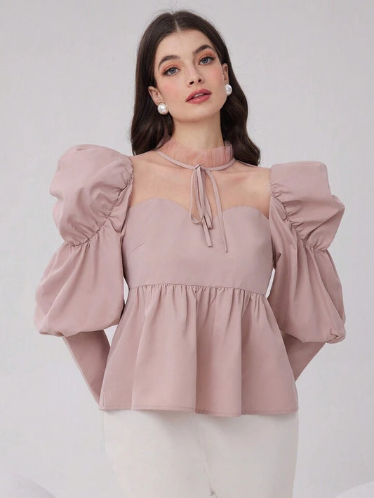 CM-TS544142 Women Elegant Seoul Style Mock Neck Knot Contrast Mesh Ruffle Hem Blouse