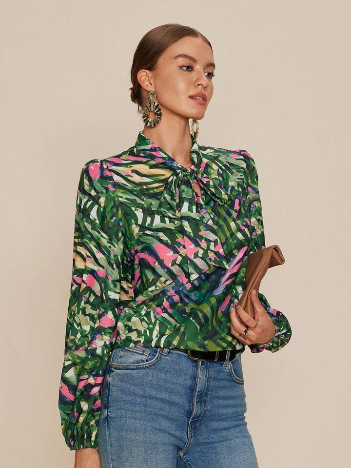 CM-TS340529 Women Casual Seoul Style Tie Neck Tropical Plant Print Long Sleeve Blouse - Green