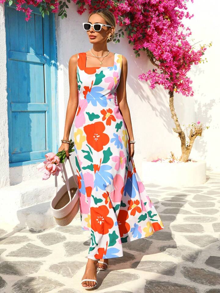 CM-DS611174 Women Trendy Bohemian Style Floral Print Square Neck Sleeveless High Waist Long Dress