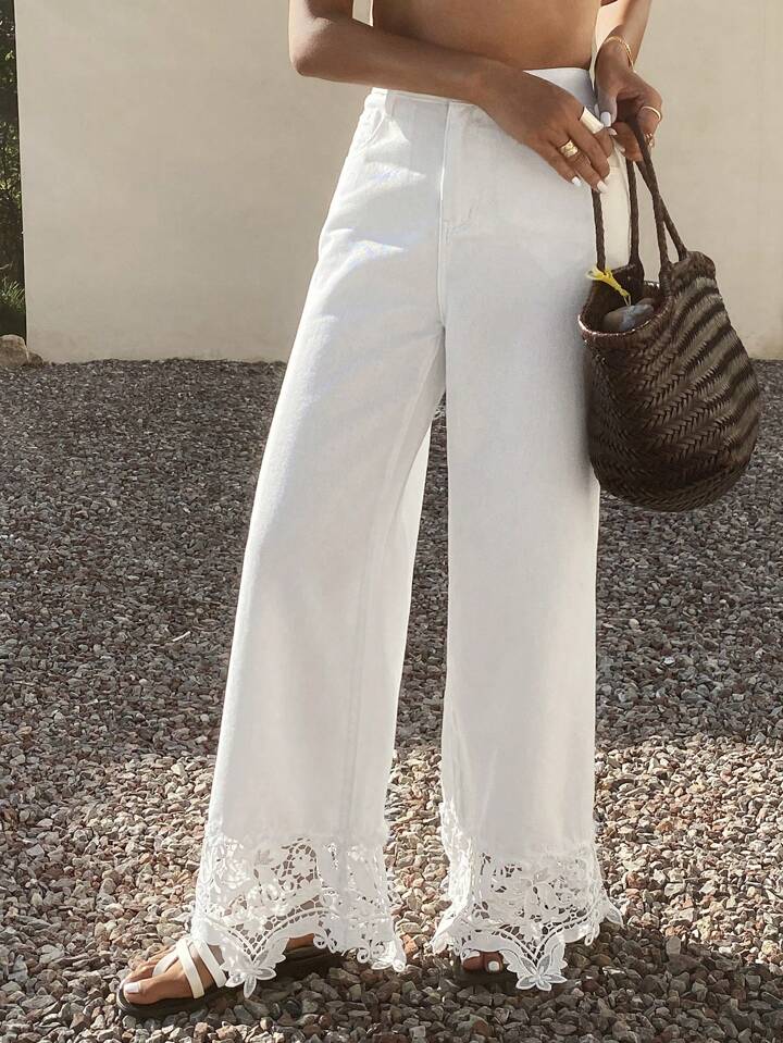CM-BS987069 Women Casual Seoul Style Mid Waist Solid Color Lace Patchwork Wide-Leg Jeans - White