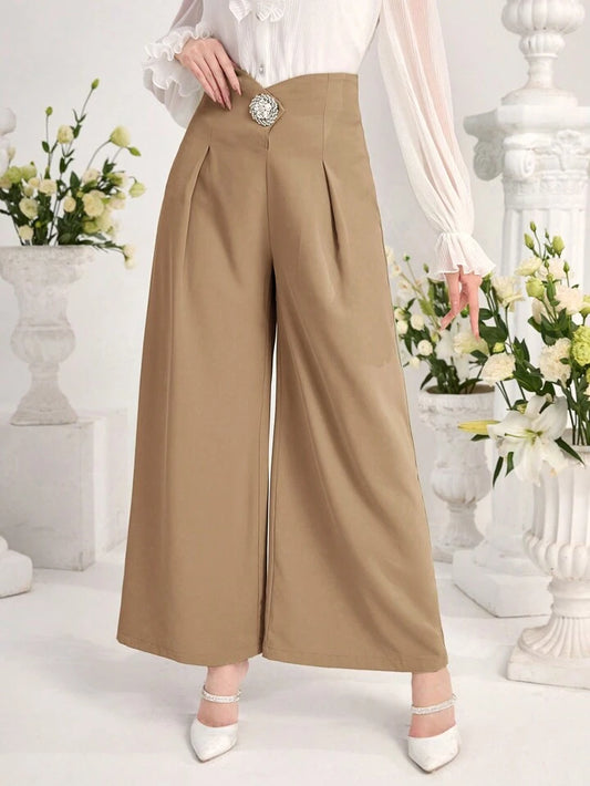 CM-BS192033 Women Elegant Seoul Style Solid Color Pleated Wide-Leg Pants - Khaki