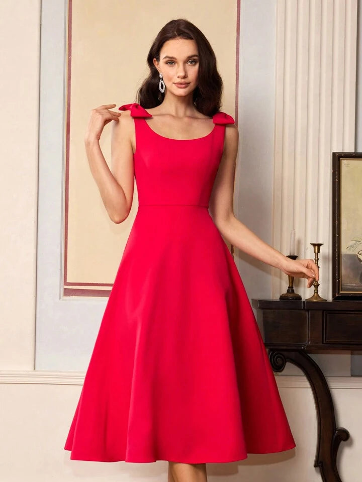 CM-DS182268 Women Elegant Seoul Style Double Bow Strap Design Sleeveless Solid Color Midi Dress - Red