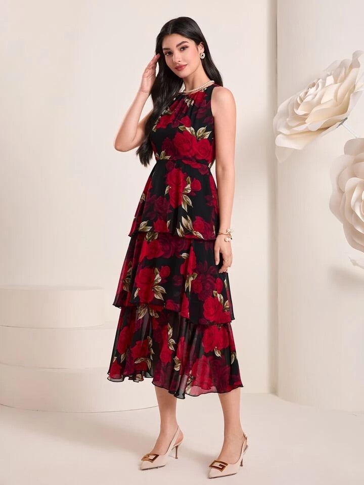 CM-DS928568 Women Casual Seoul Style Floral Print Sleeveless Ruffle Hem Dress