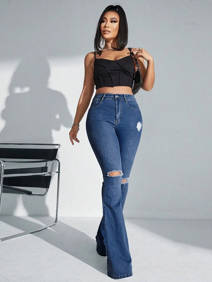 CM-BS073500 Women Casual Seoul Style Dark Wash Solid Color Frayed Hem Skinny Flared Jeans