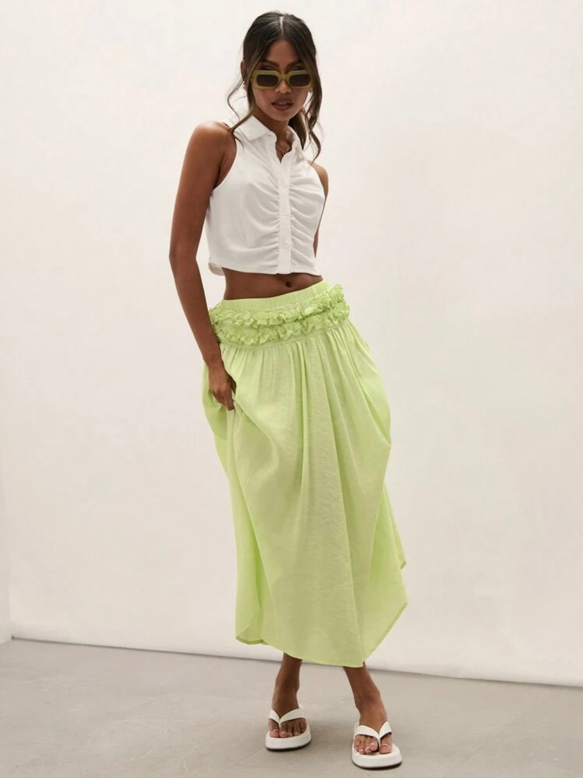 CM-BS715664 Women Trendy Bohemian Style Plain Minimalist Frill Trim Skirt - Lime Green